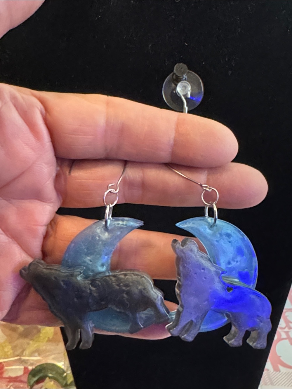 Howling Wolf /Crescent Moon Dangle Earrings - Blue and Gray
